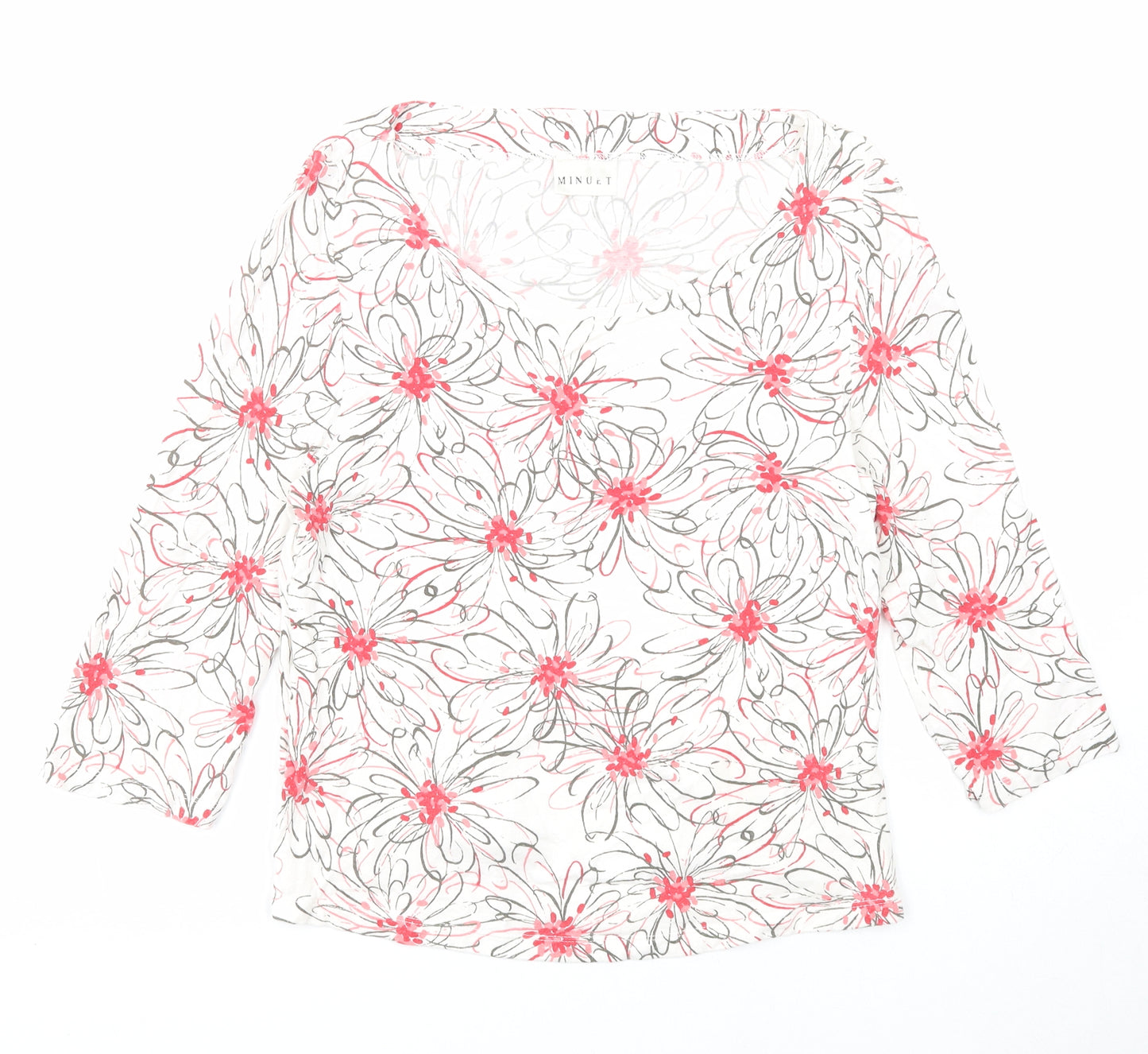 Minuet Womens White Floral Viscose Basic Blouse Size 12 Round Neck