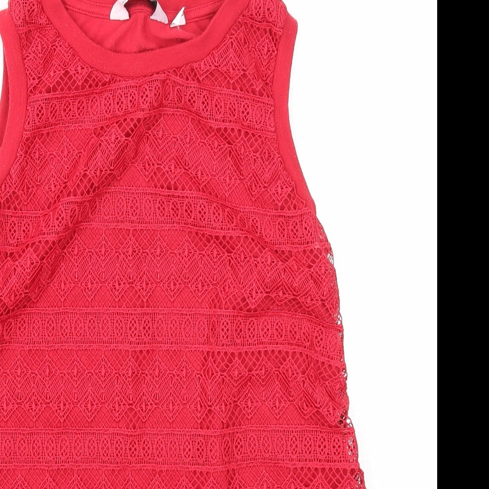 Dorothy Perkins Womens Red Geometric Polyester Basic Blouse Size 6 Round Neck