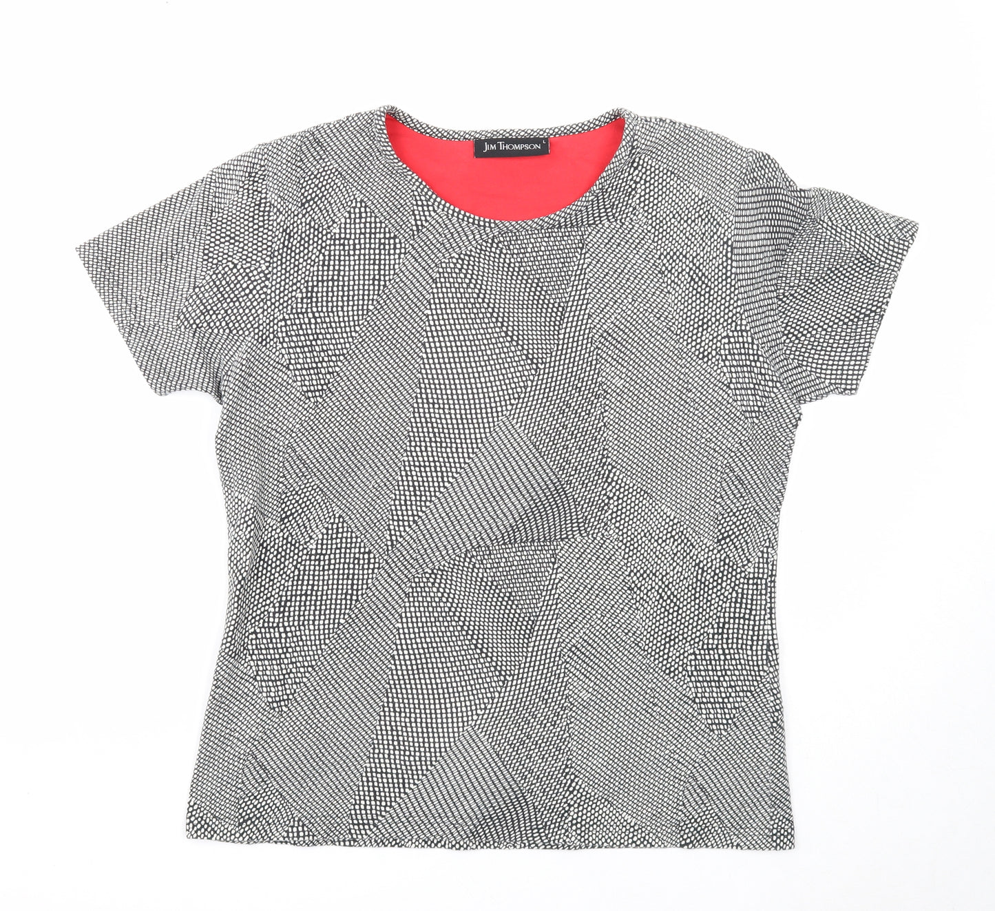 Jim Thompson Womens Black Geometric Cotton Basic T-Shirt Size L Round Neck