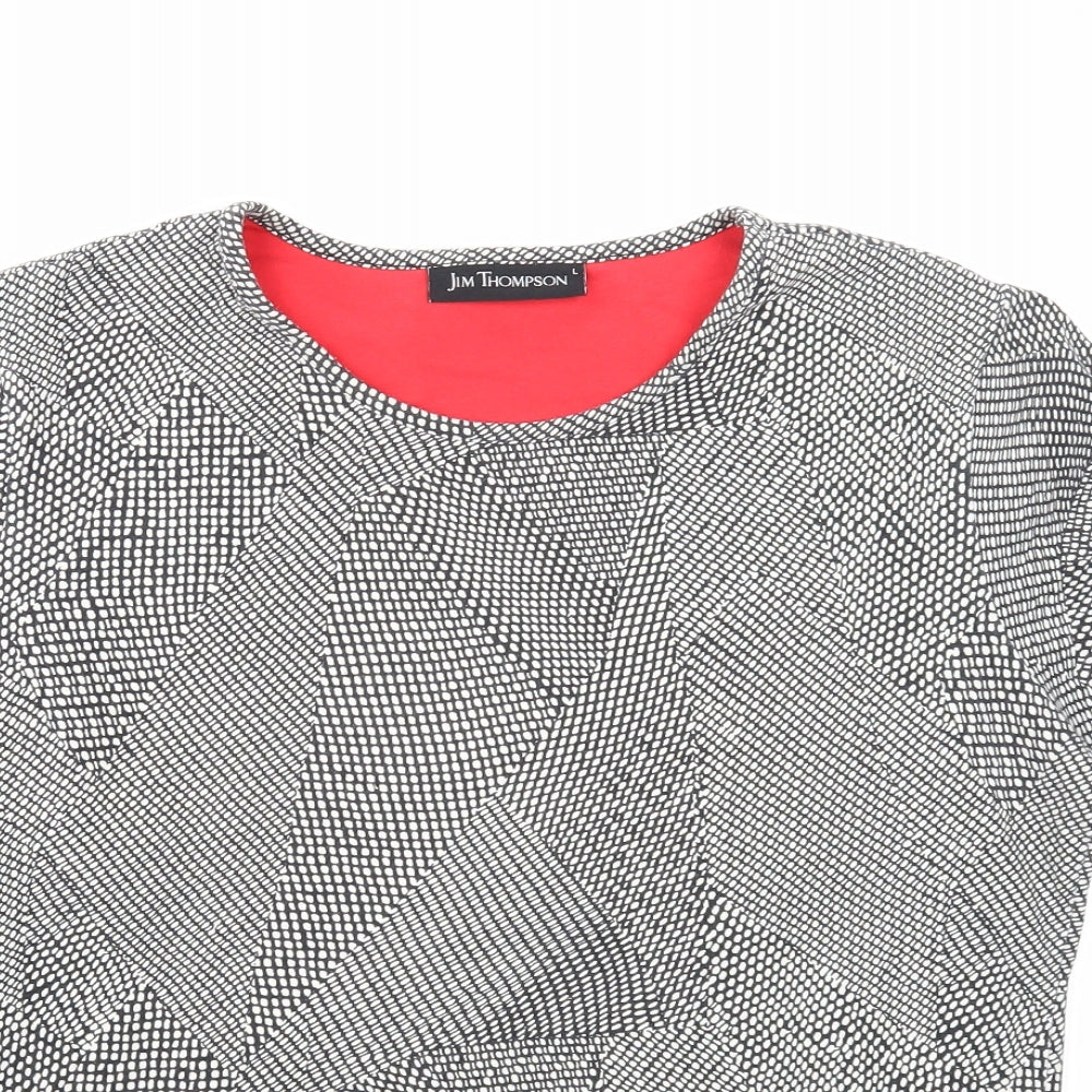 Jim Thompson Womens Black Geometric Cotton Basic T-Shirt Size L Round Neck