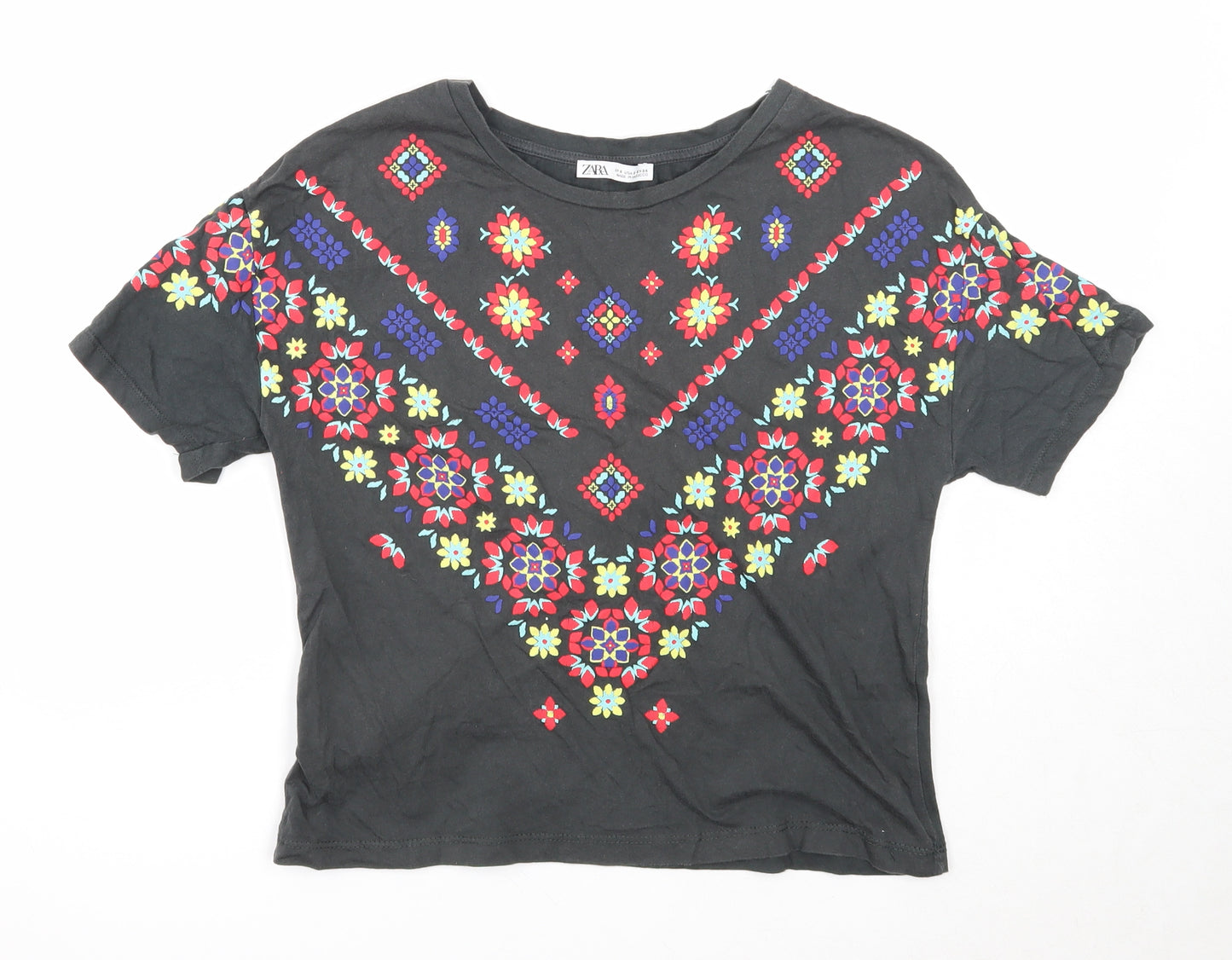 Zara Womens Grey Geometric Cotton Basic T-Shirt Size S Round Neck