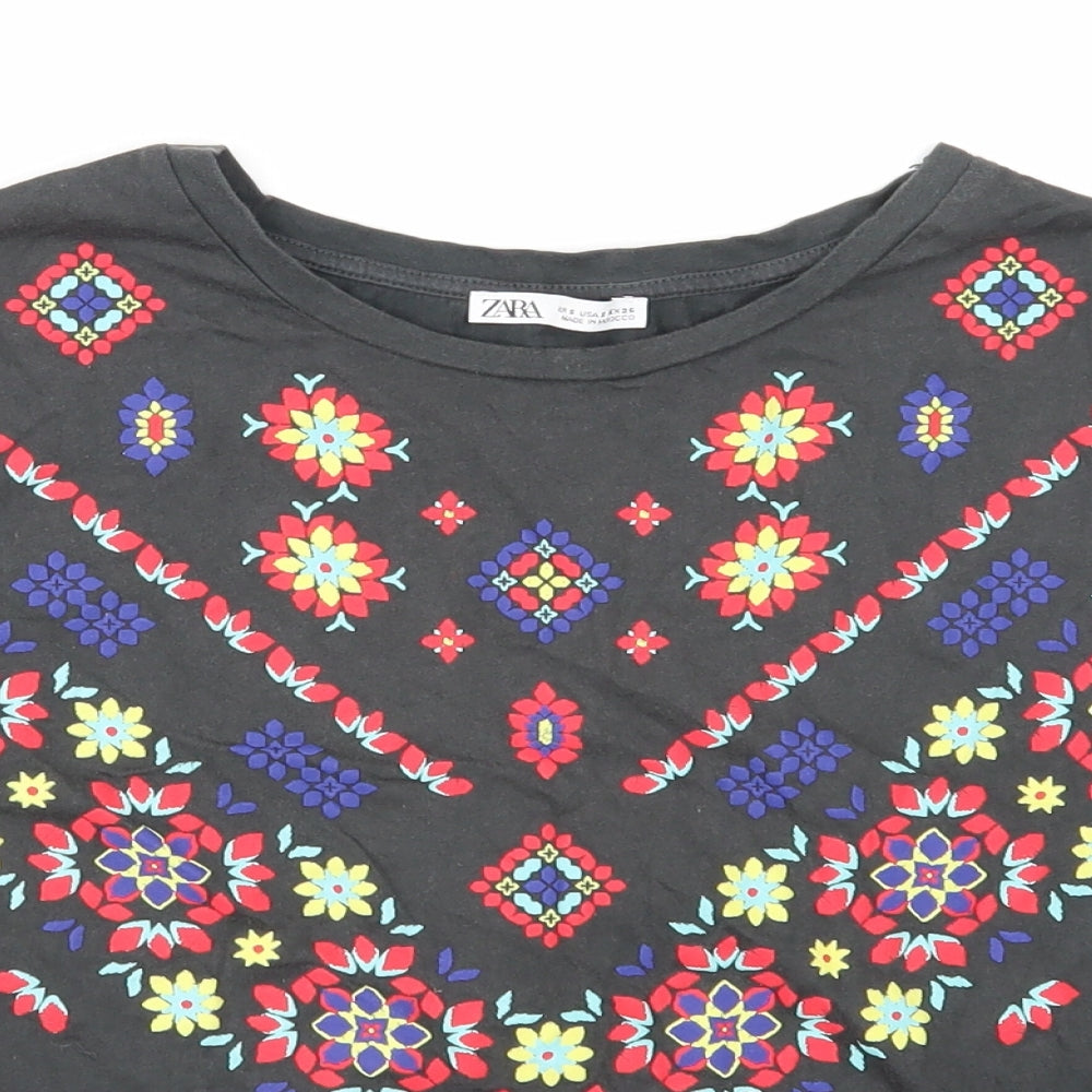 Zara Womens Grey Geometric Cotton Basic T-Shirt Size S Round Neck