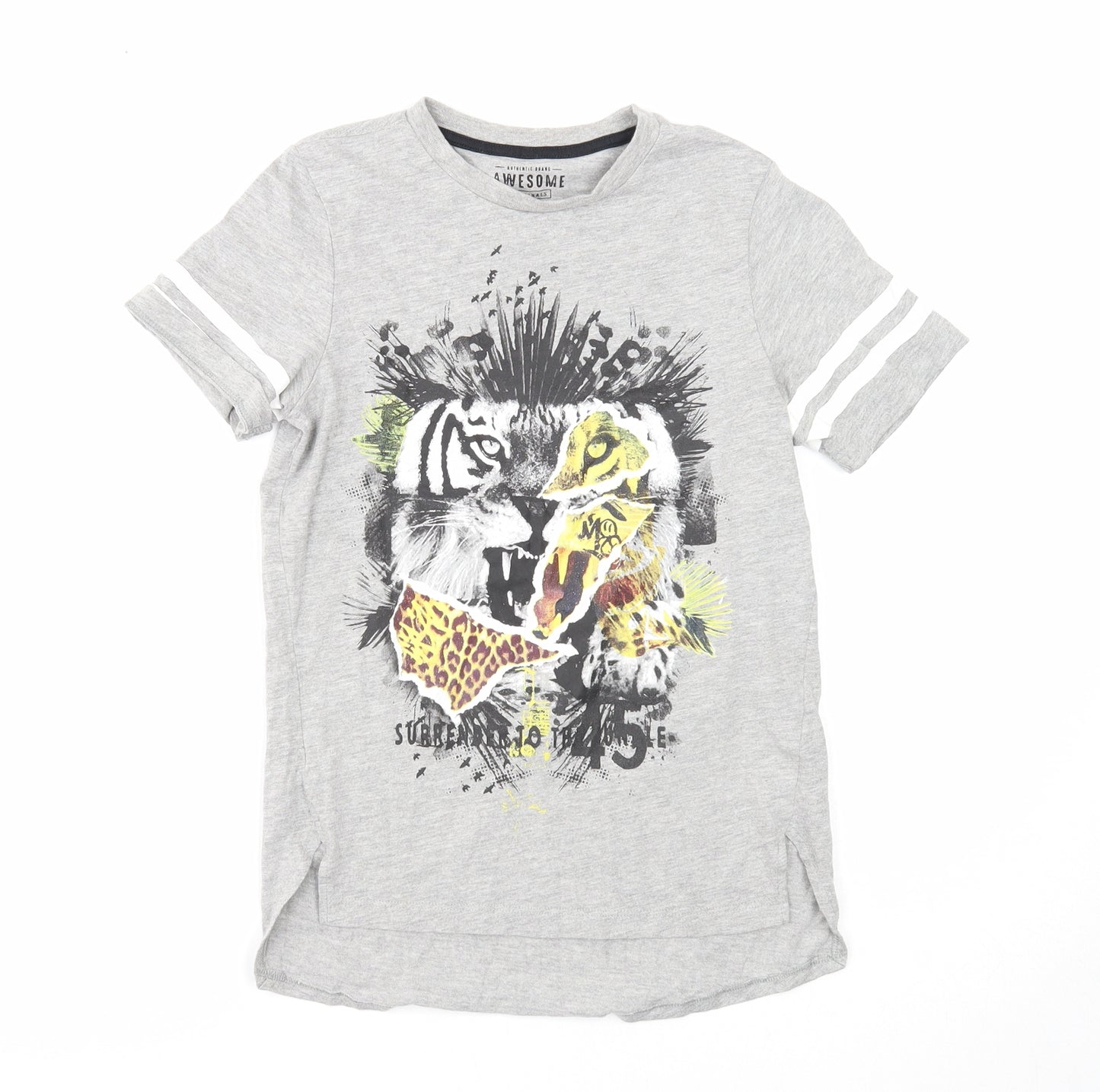 F&F Boys Grey Cotton Pullover T-Shirt Size 8-9 Years Round Neck Pullover - Wild Cat