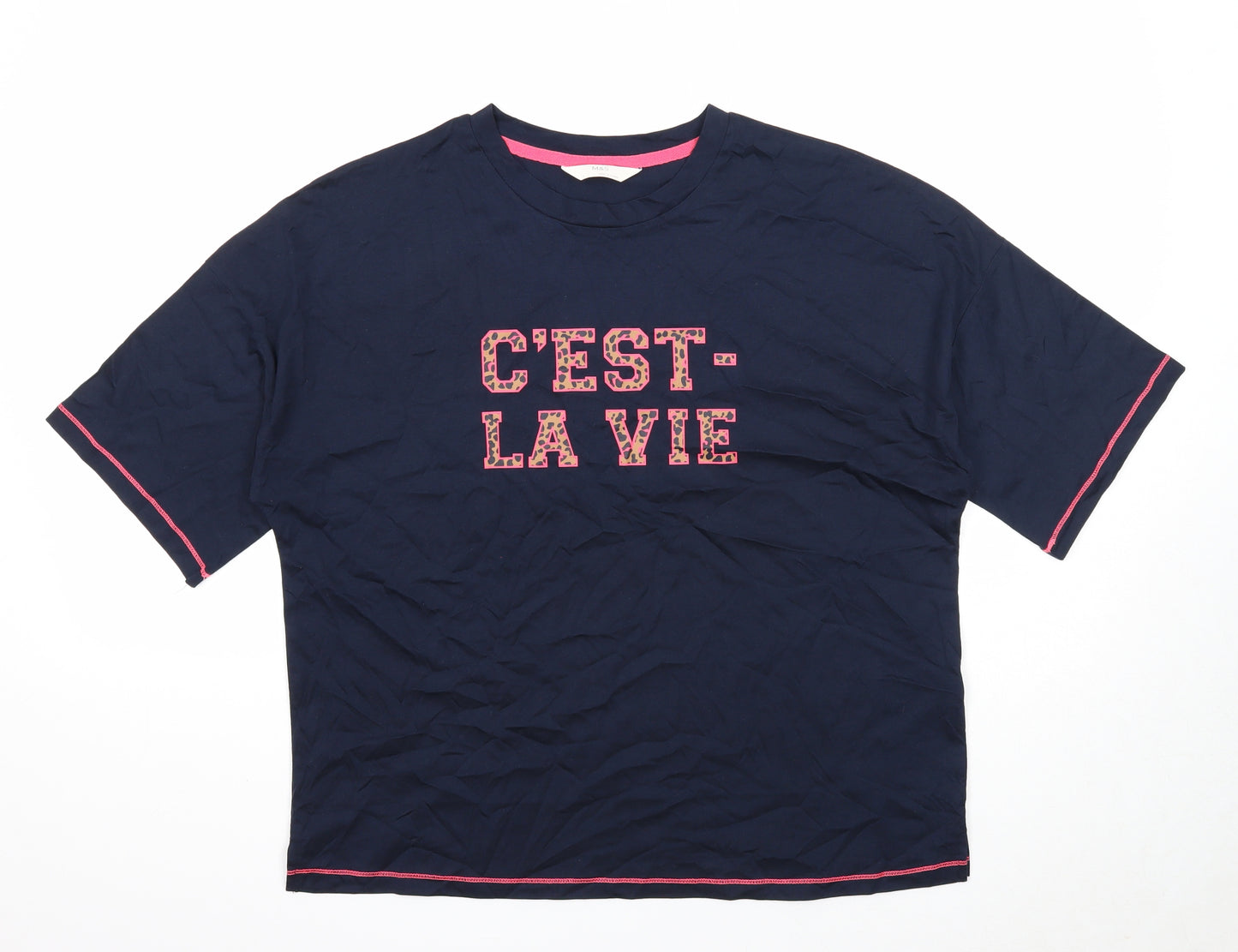 Marks and Spencer Womens Blue Cotton Basic T-Shirt Size L Round Neck - C'est La Vie