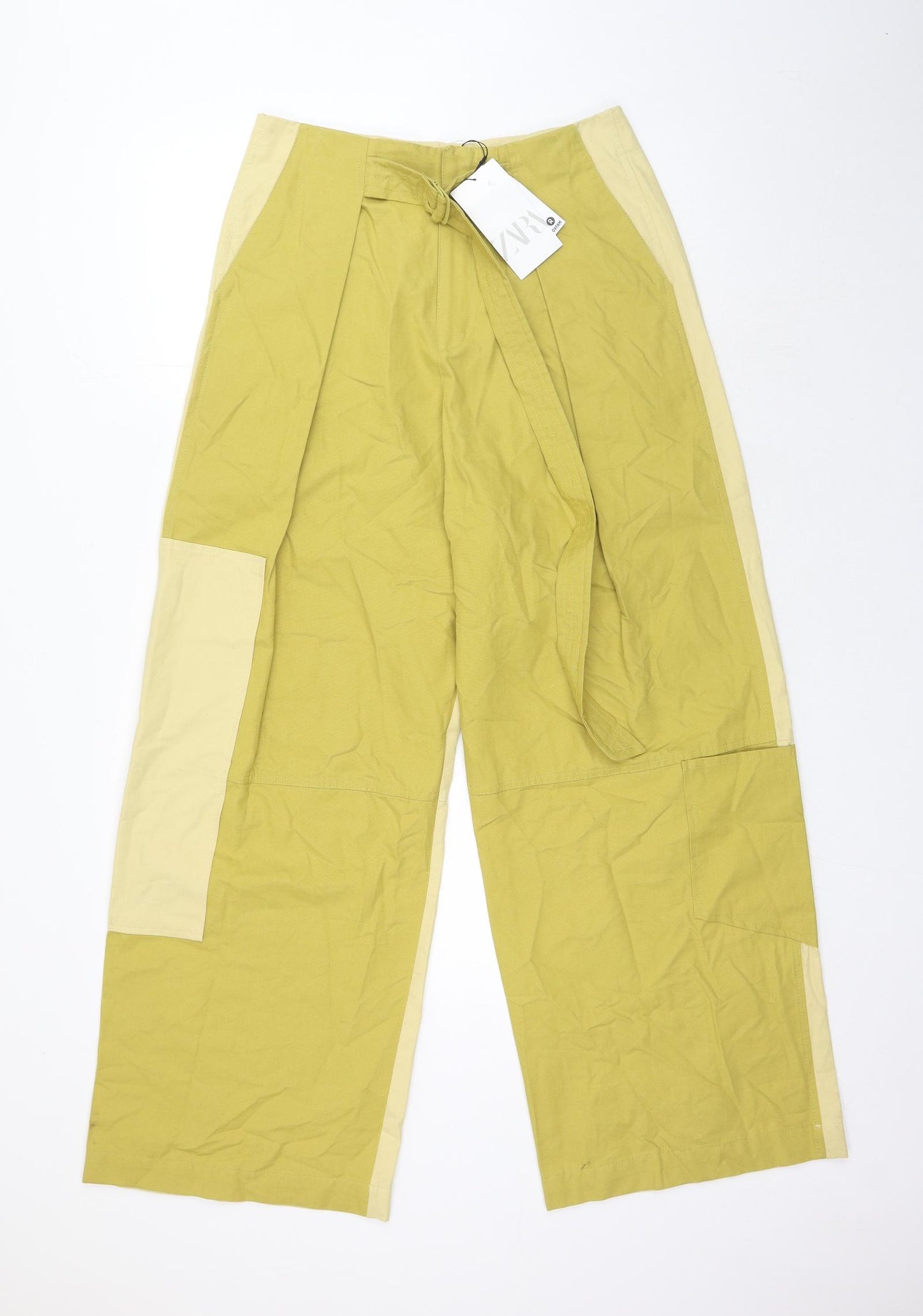 Zara Womens Yellow Cotton Cargo Trousers Size S Regular Zip