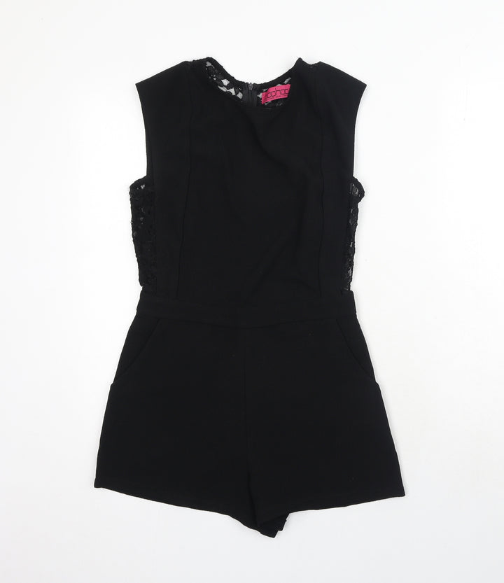 Boohoo Womens Black Polyester Playsuit One-Piece Size 6 Zip - Lace Detail