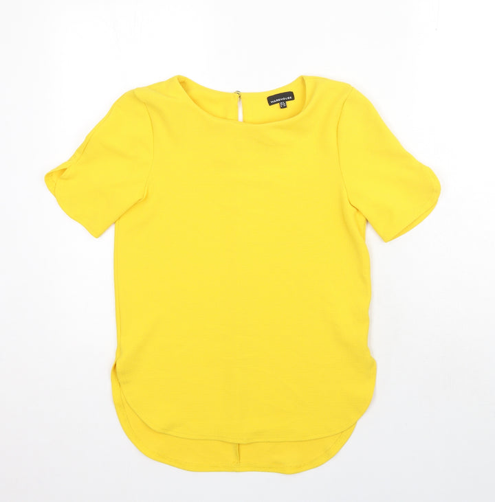 Warehouse Womens Yellow Polyester Basic Blouse Size 8 Round Neck