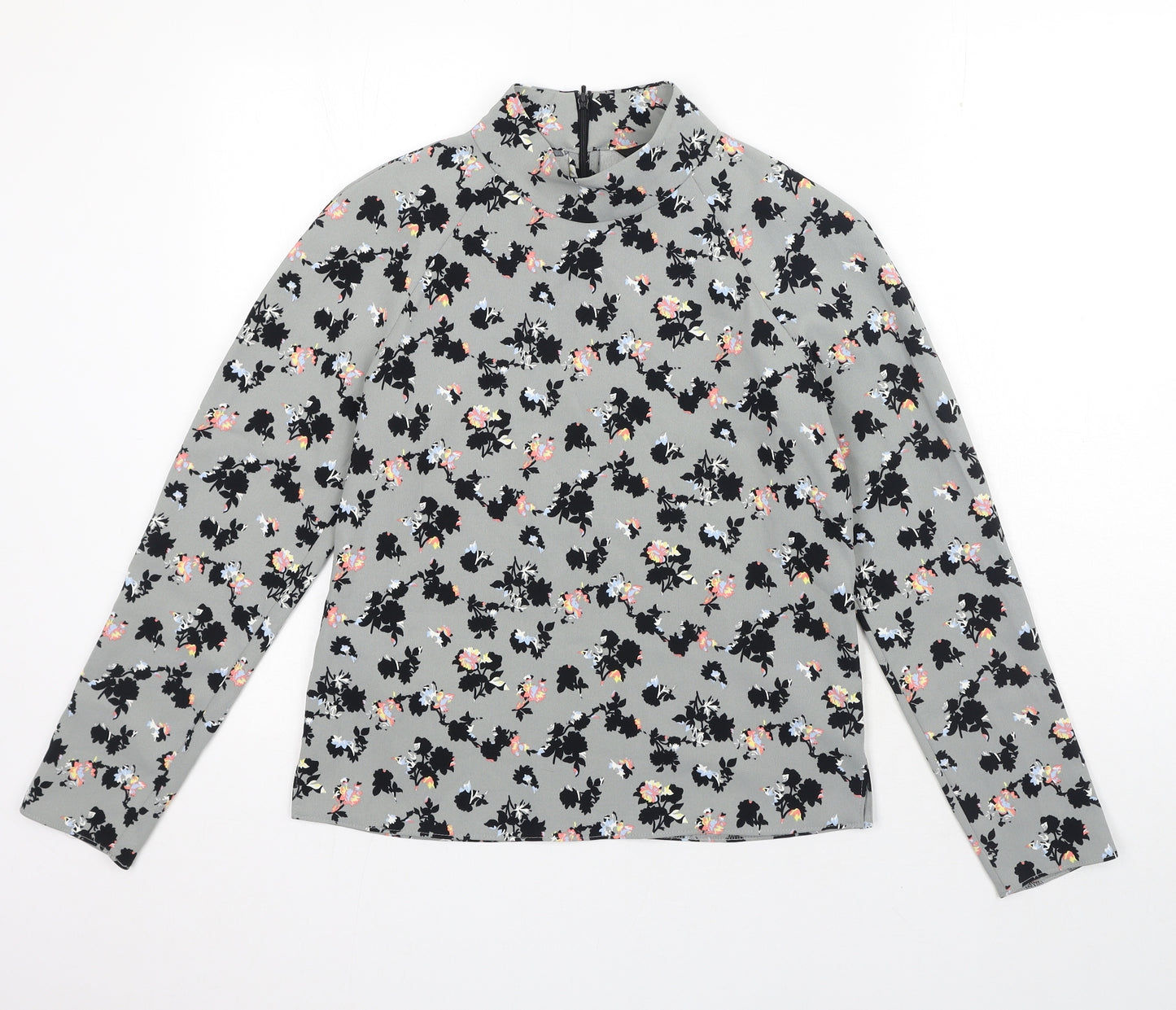 NEXT Womens Grey Floral Polyester Basic Blouse Size 10 Mock Neck