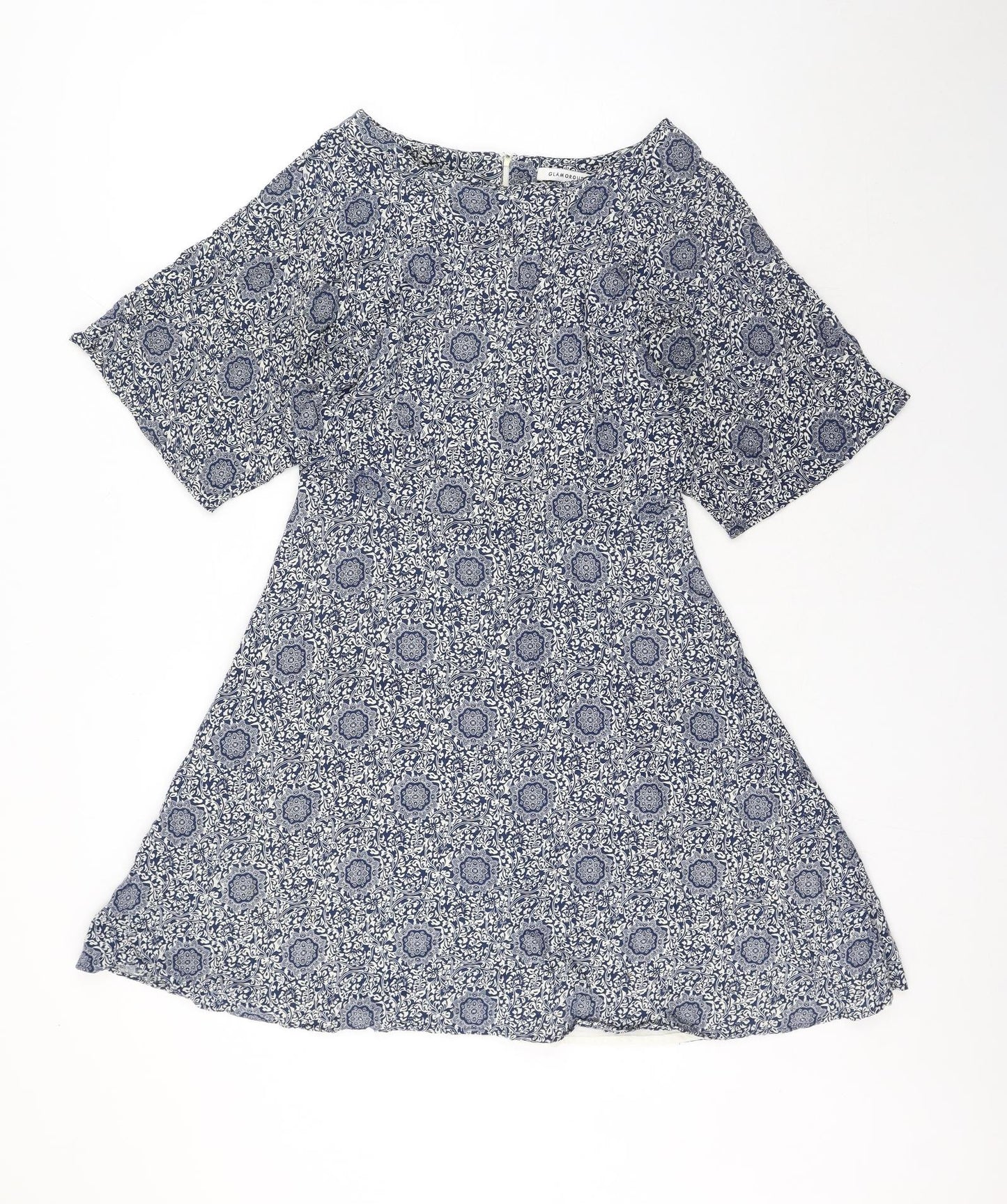 Glamorous Womens Blue Geometric Viscose Trapeze & Swing Size 12 Round Neck Zip