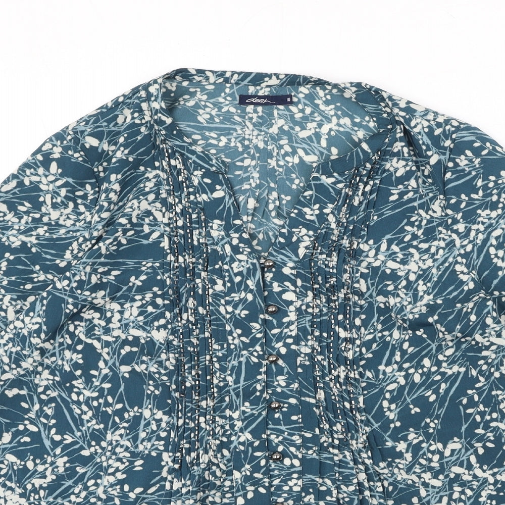 DASH Womens Blue Geometric Polyester Basic Blouse Size 10 V-Neck
