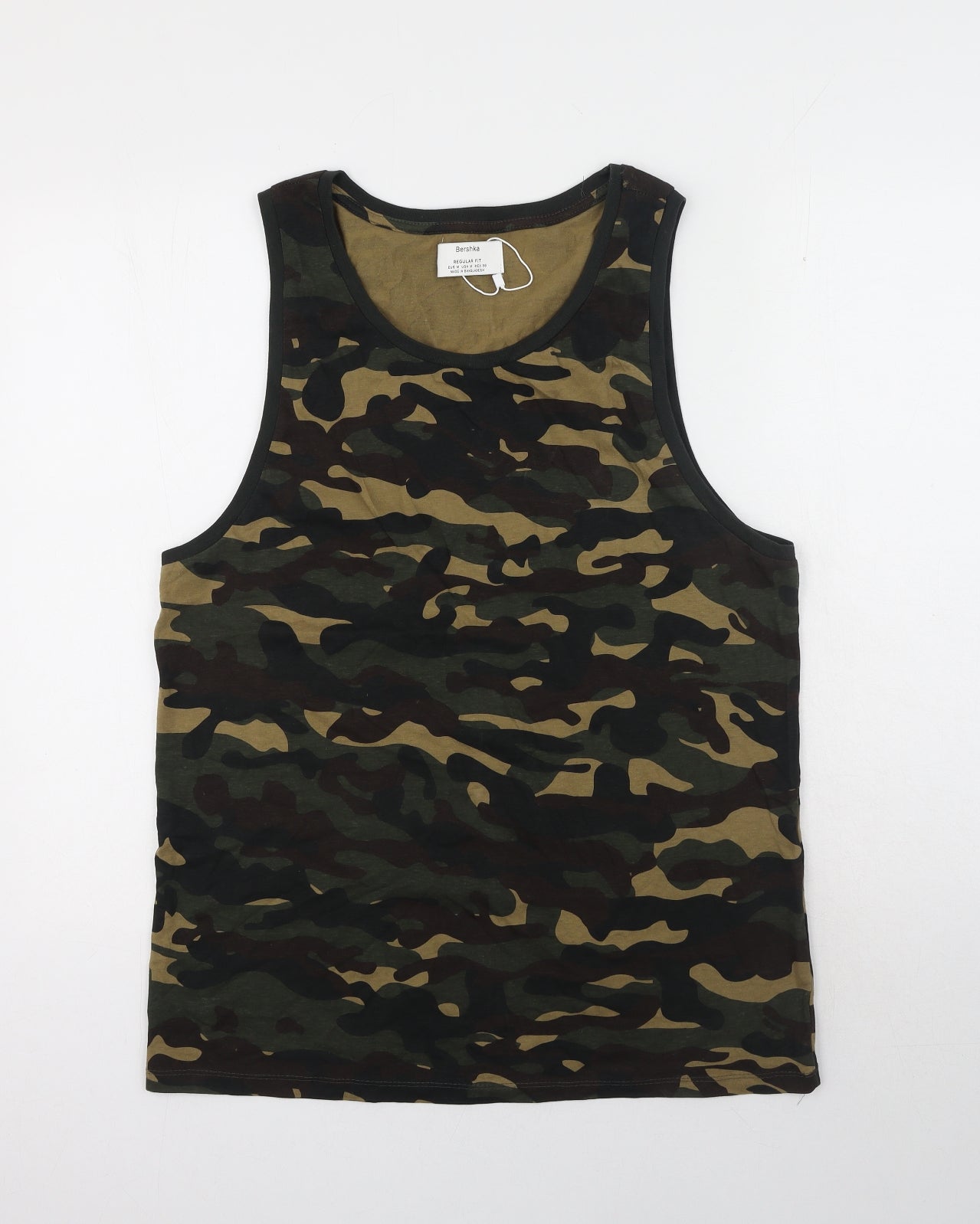 Bershka Womens Green Camouflage Cotton Basic Tank Size M Scoop Neck