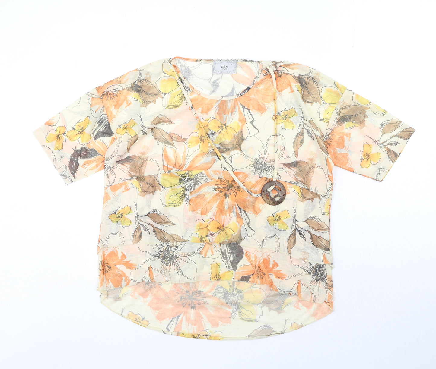 Intown Womens Orange Floral Polyester Basic Blouse Size S Round Neck
