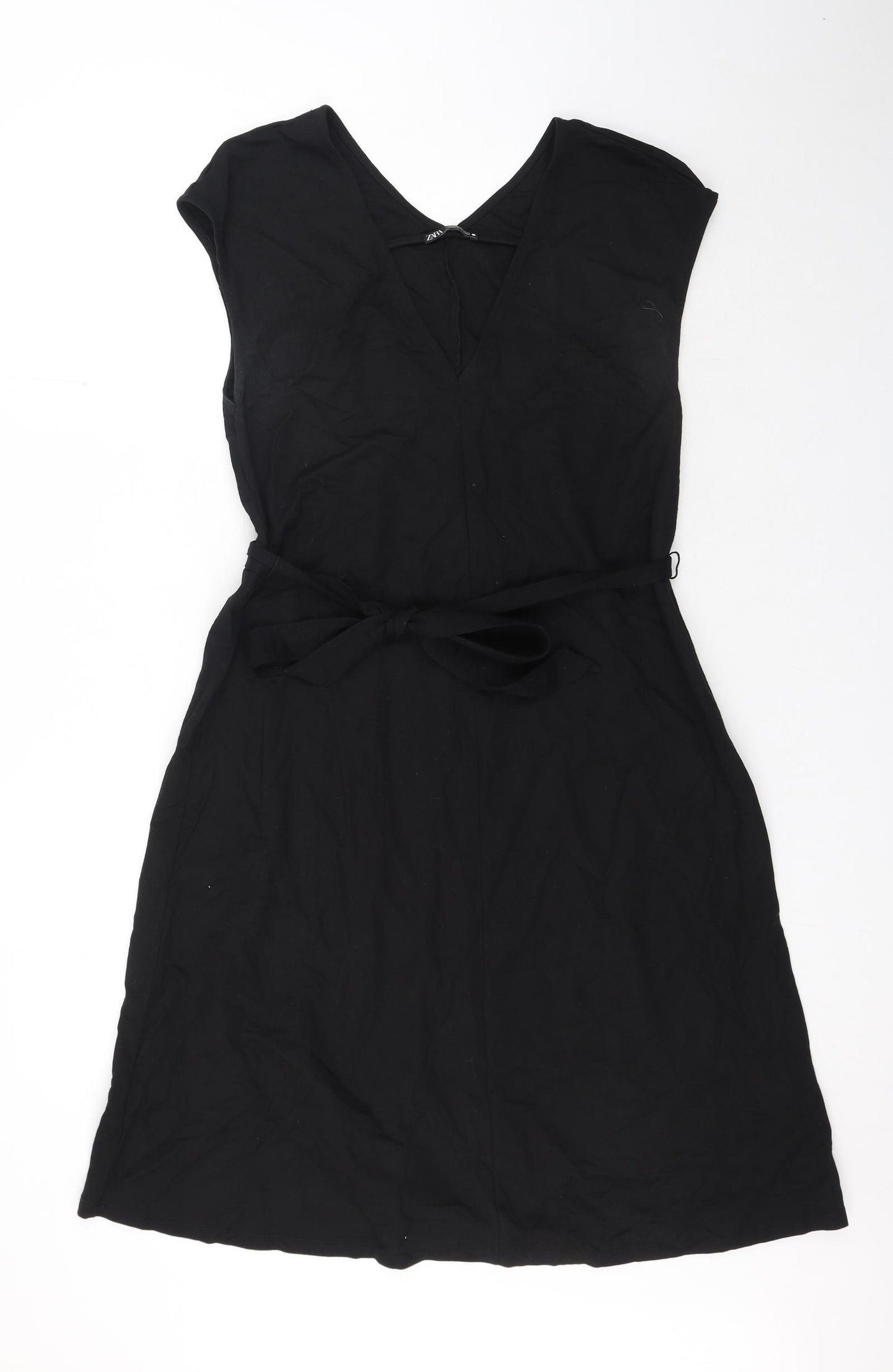 Zara Womens Black Viscose A-Line Size S V-Neck Tie