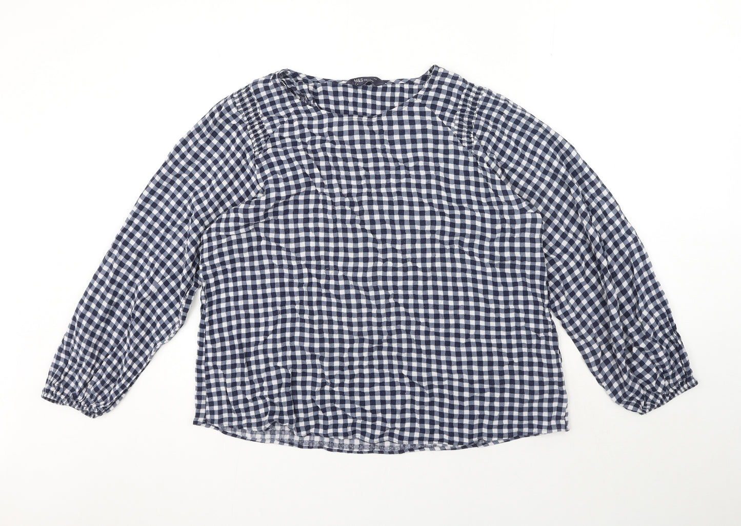 Marks and Spencer Womens Blue Check Viscose Basic Blouse Size 16 Scoop Neck