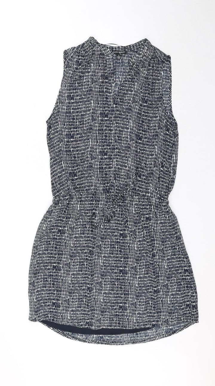 Hilary Radley Womens Black Geometric Polyester Skater Dress Size 6 V-Neck Drawstring