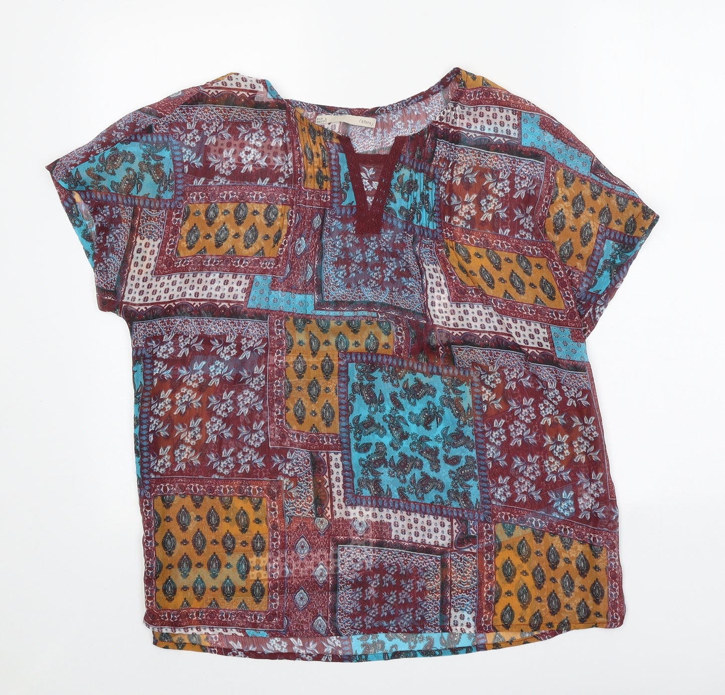 Sfera Womens Multicoloured Geometric Polyester Basic T-Shirt Size L Scoop Neck - Lace Trim