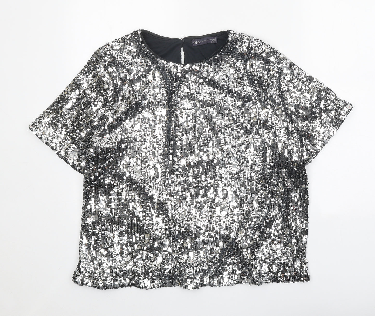 Marks and Spencer Womens Silver Polyester Basic T-Shirt Size 16 Scoop Neck