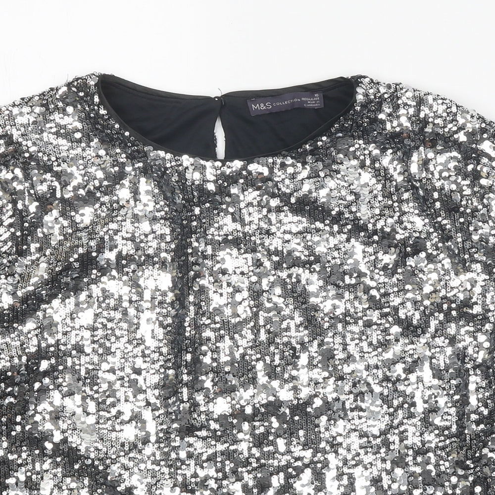 Marks and Spencer Womens Silver Polyester Basic T-Shirt Size 16 Scoop Neck