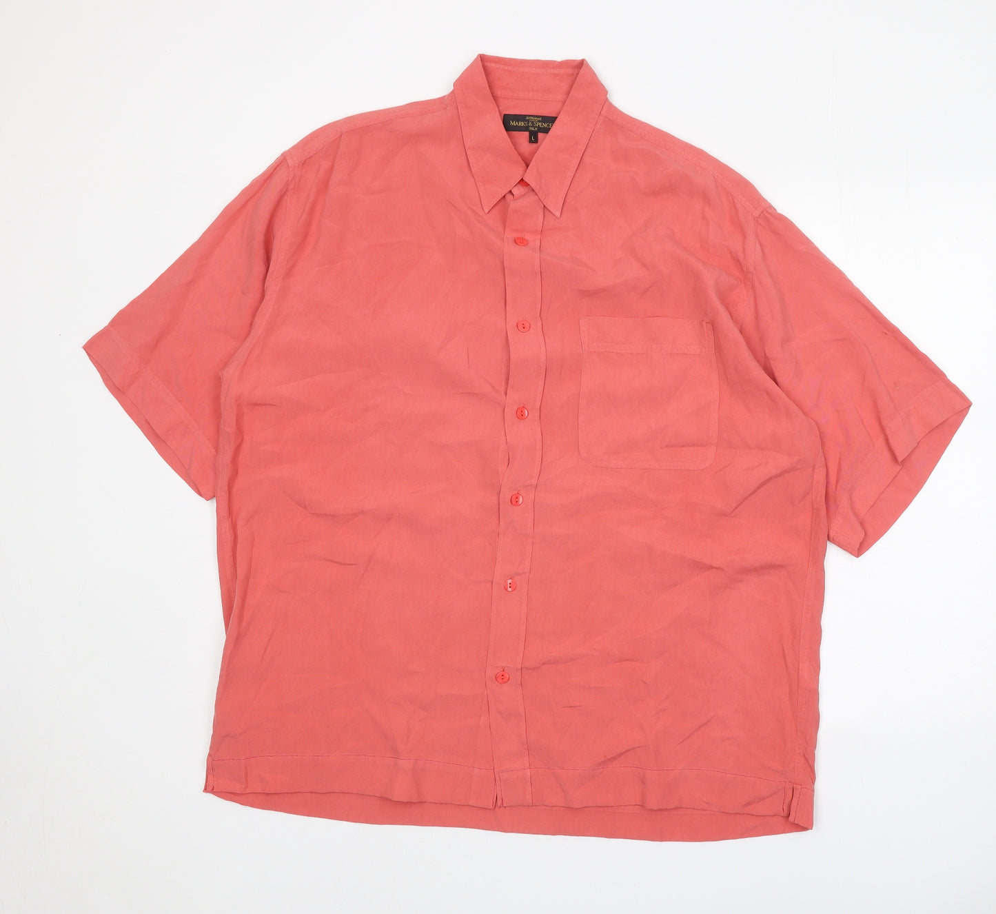 Marks and Spencer Womens Red Silk Basic Button-Up Size L Collared