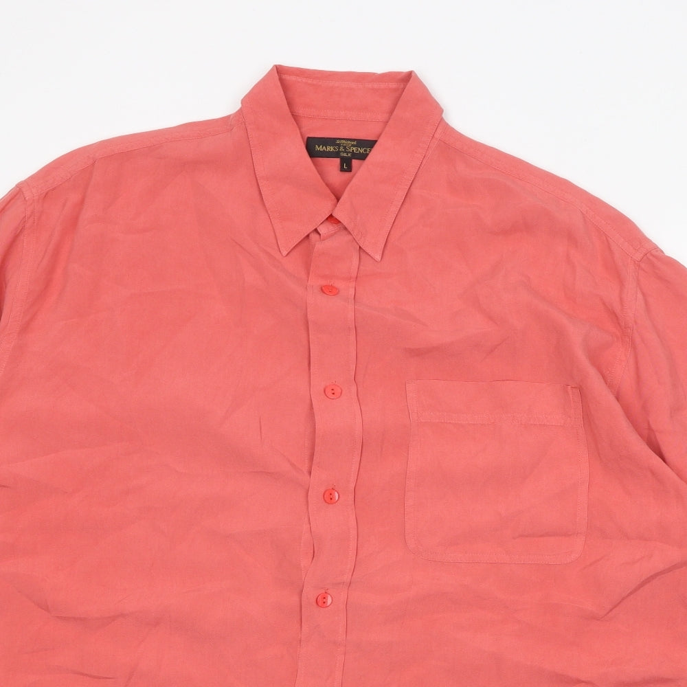Marks and Spencer Womens Red Silk Basic Button-Up Size L Collared