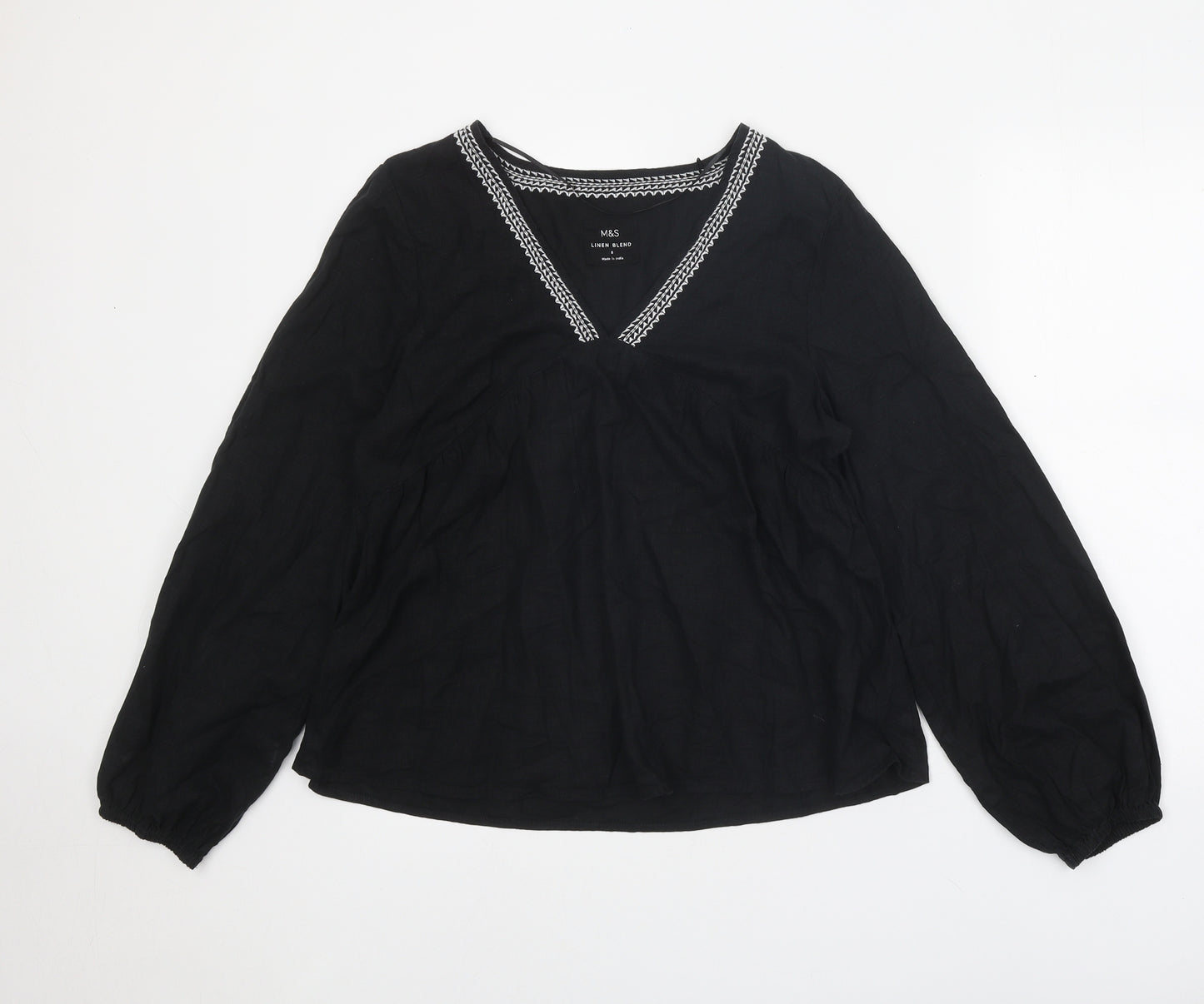 Marks and Spencer Womens Black Linen Basic Blouse Size 8 V-Neck - Smock