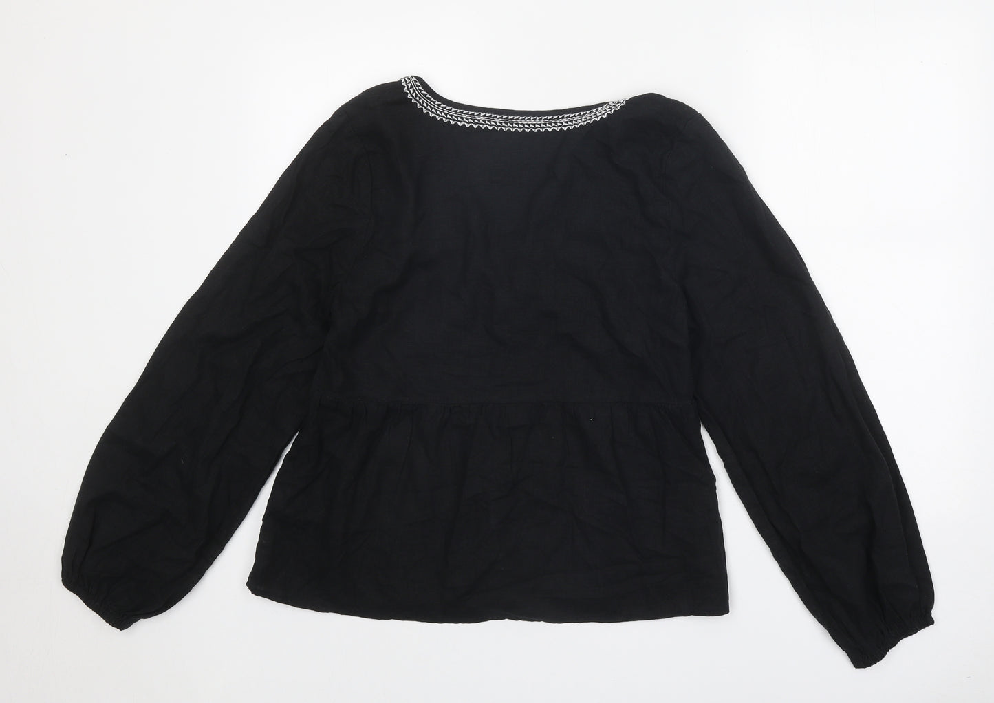 Marks and Spencer Womens Black Linen Basic Blouse Size 8 V-Neck - Smock