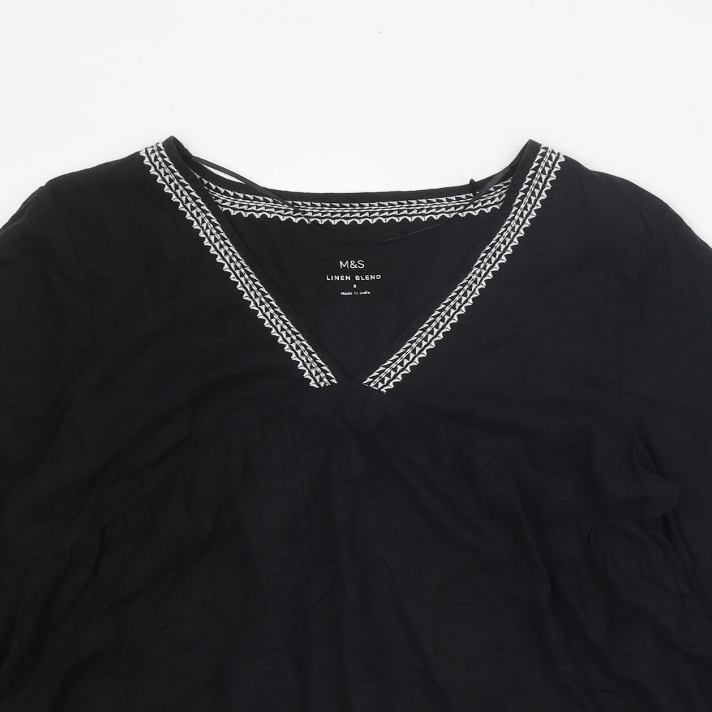 Marks and Spencer Womens Black Linen Basic Blouse Size 8 V-Neck - Smock