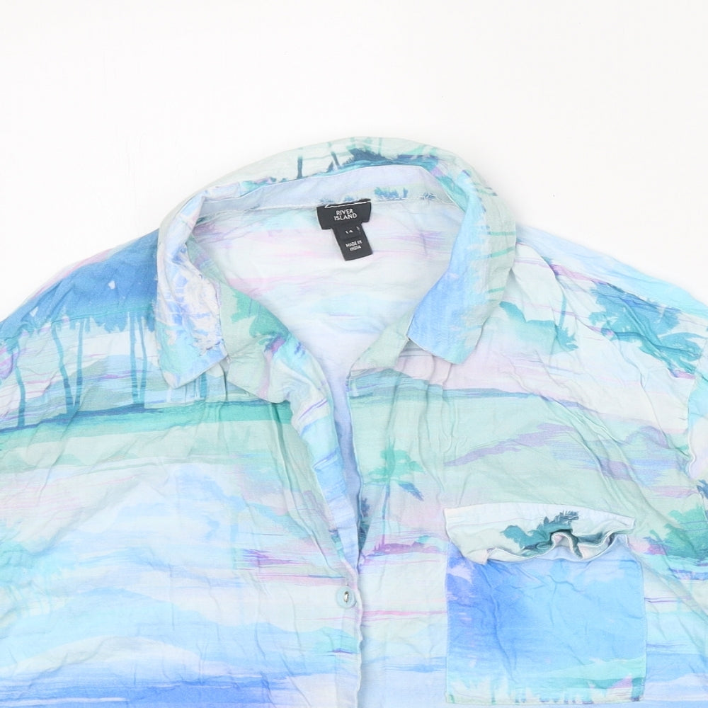 River Island Womens Blue Geometric Viscose Basic Button-Up Size 14 Collared
