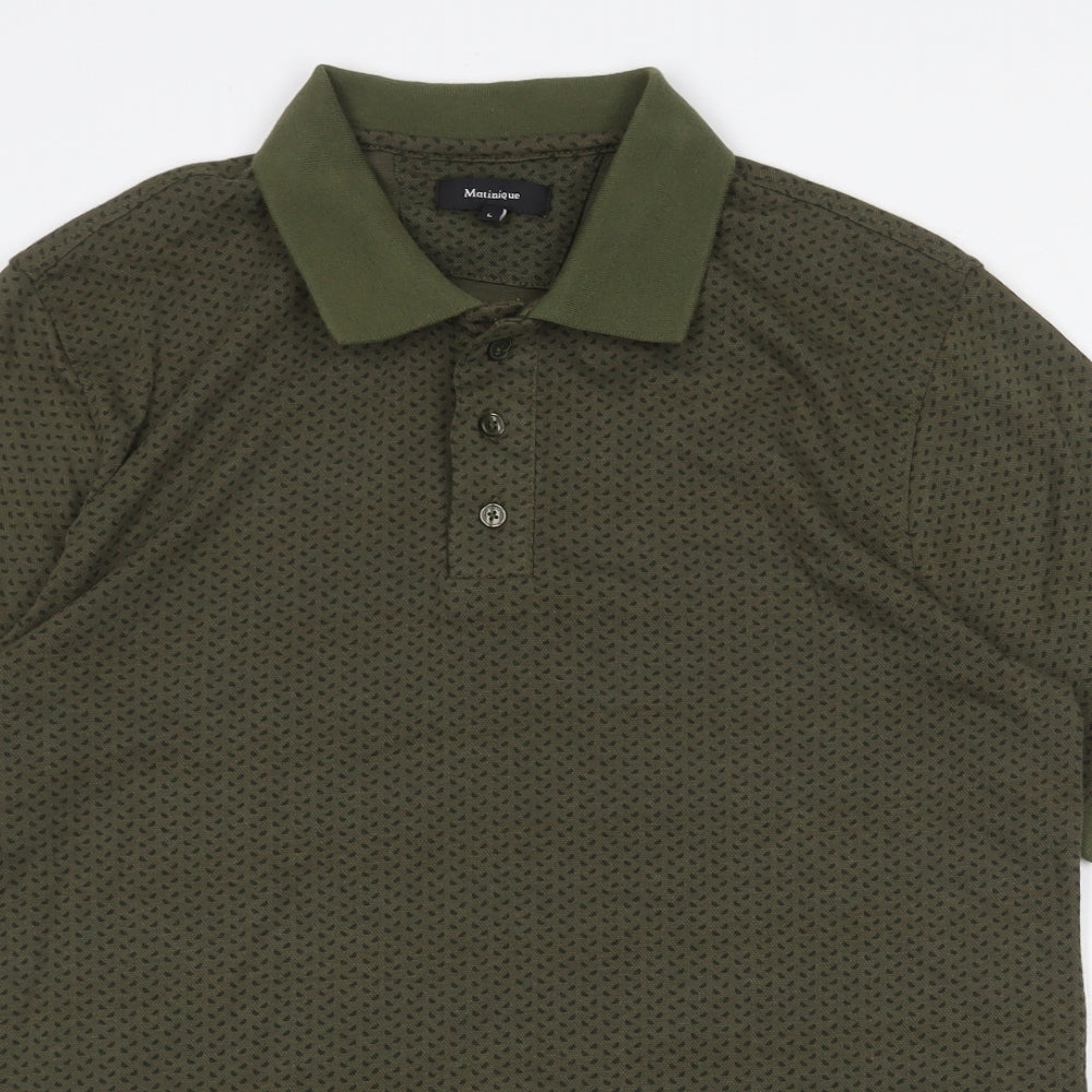 Matinique Mens Green Geometric Cotton Polo Size L Collared Button