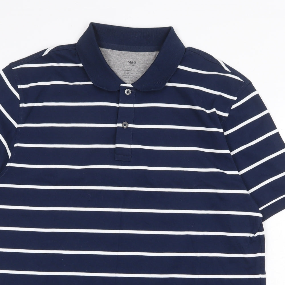 Marks and Spencer Mens Blue Striped 100% Cotton Polo Size L Collared Button