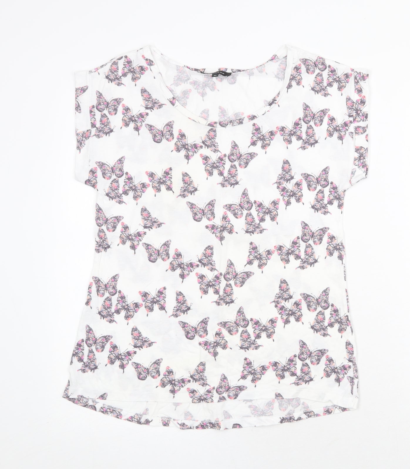 New Look Womens White Geometric Cotton Basic T-Shirt Size 10 Round Neck - Butterfly Pattern