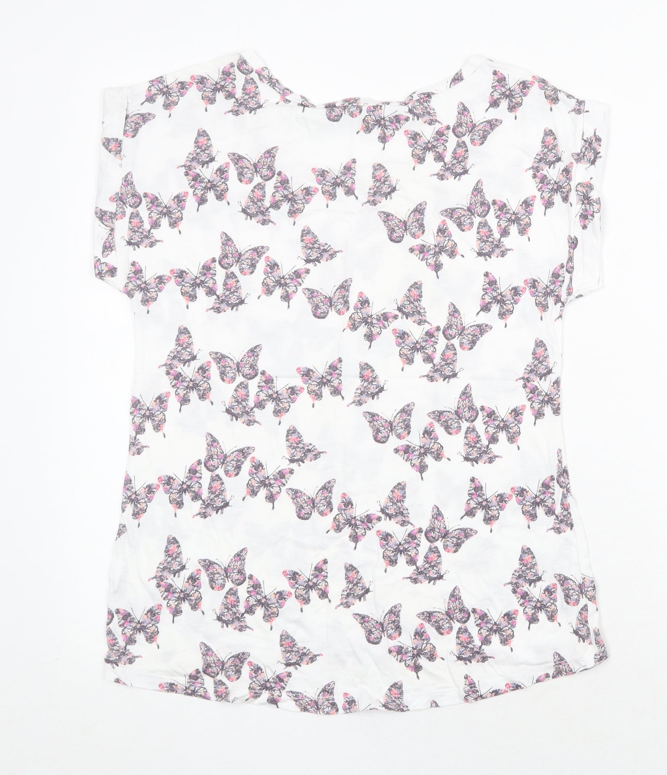 New Look Womens White Geometric Cotton Basic T-Shirt Size 10 Round Neck - Butterfly Pattern
