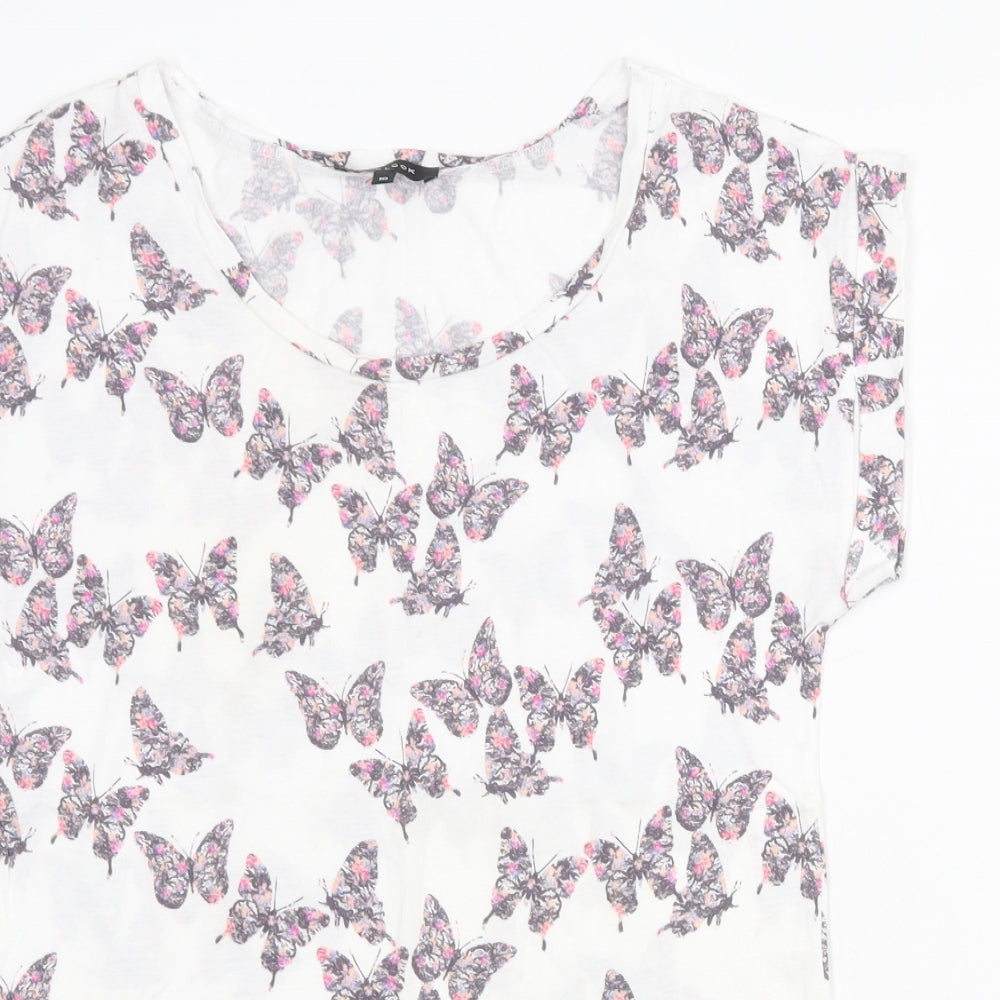 New Look Womens White Geometric Cotton Basic T-Shirt Size 10 Round Neck - Butterfly Pattern