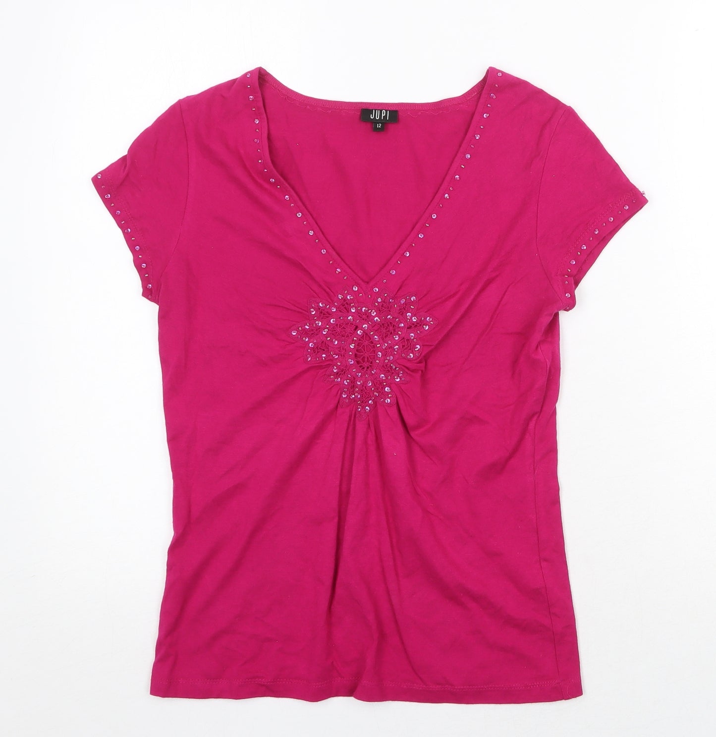 Jupi Womens Pink Viscose Basic T-Shirt Size 12 V-Neck
