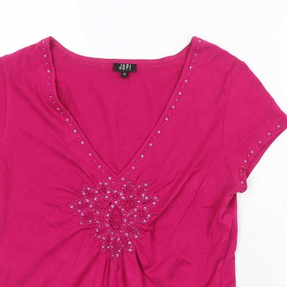 Jupi Womens Pink Viscose Basic T-Shirt Size 12 V-Neck
