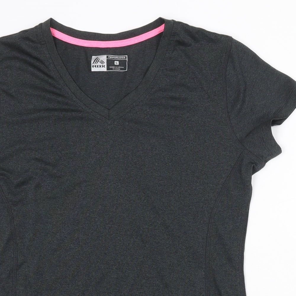 RBX Womens Grey Polyester Basic T-Shirt Size L V-Neck Pullover