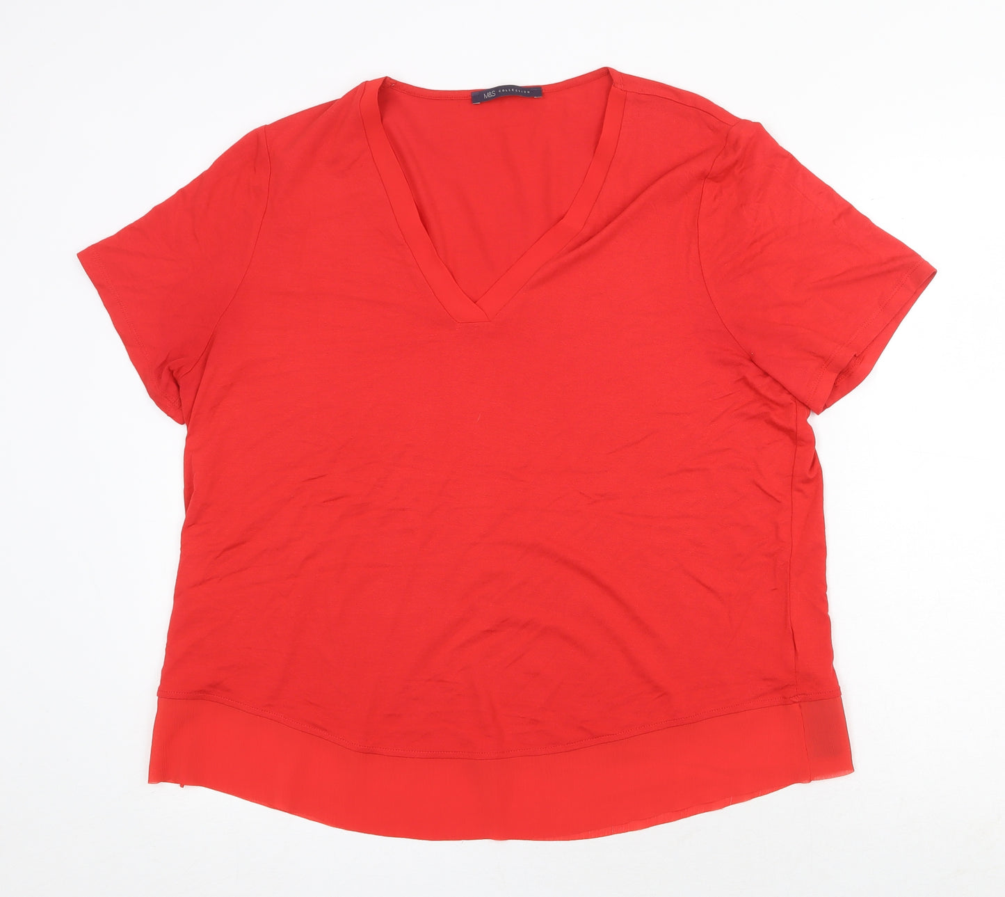 Marks and Spencer Womens Red Viscose Basic T-Shirt Size 16 V-Neck