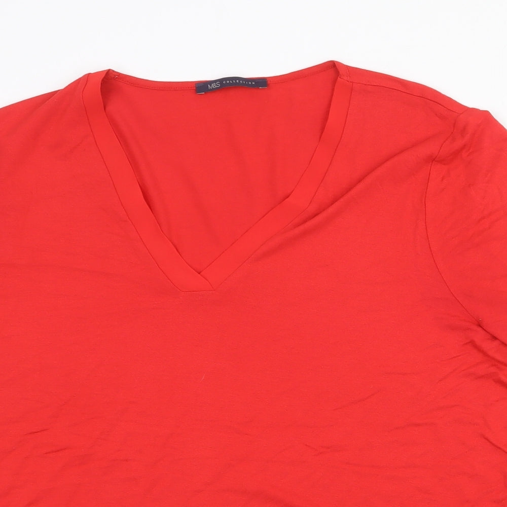 Marks and Spencer Womens Red Viscose Basic T-Shirt Size 16 V-Neck