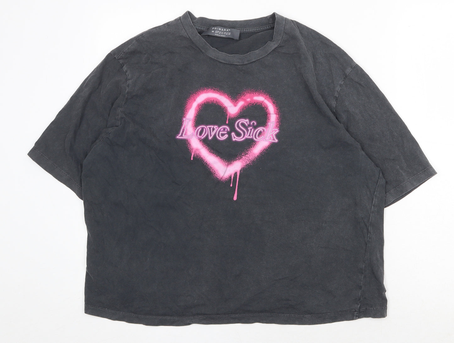 Primark Womens Grey 100% Cotton Basic T-Shirt Size M Round Neck - Love Sick