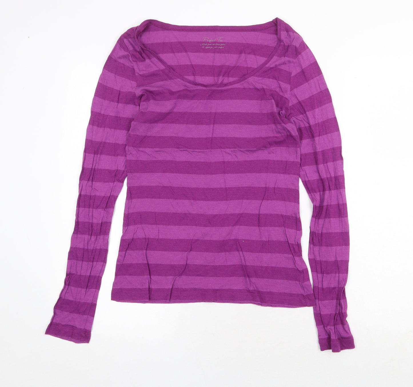Marks and Spencer Womens Purple Striped Cotton Basic T-Shirt Size 12 Scoop Neck