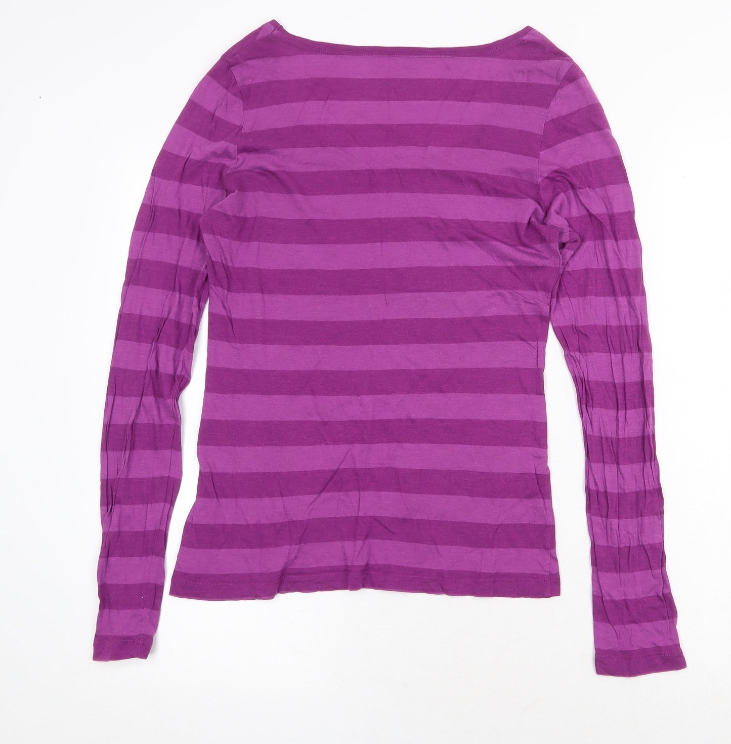 Marks and Spencer Womens Purple Striped Cotton Basic T-Shirt Size 12 Scoop Neck