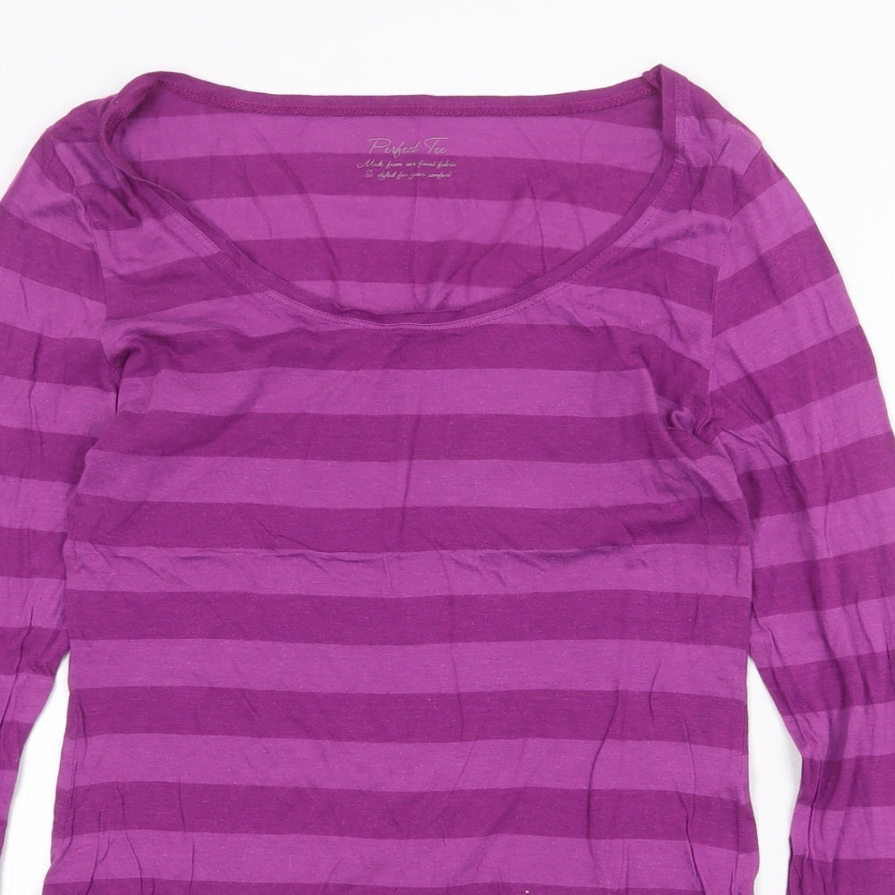 Marks and Spencer Womens Purple Striped Cotton Basic T-Shirt Size 12 Scoop Neck
