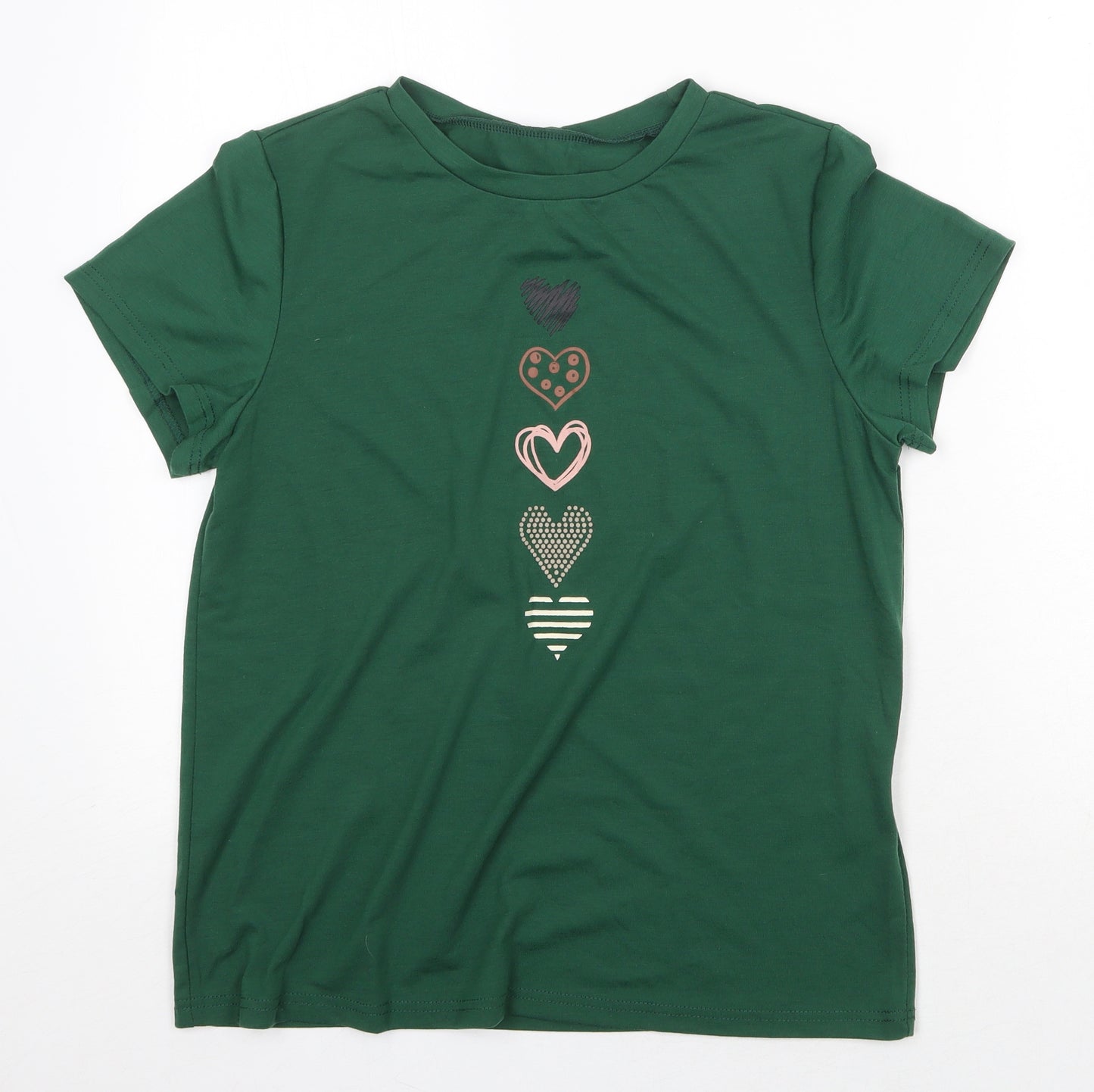 Preworn Womens Green Polyester Basic T-Shirt Size S Round Neck - Heart