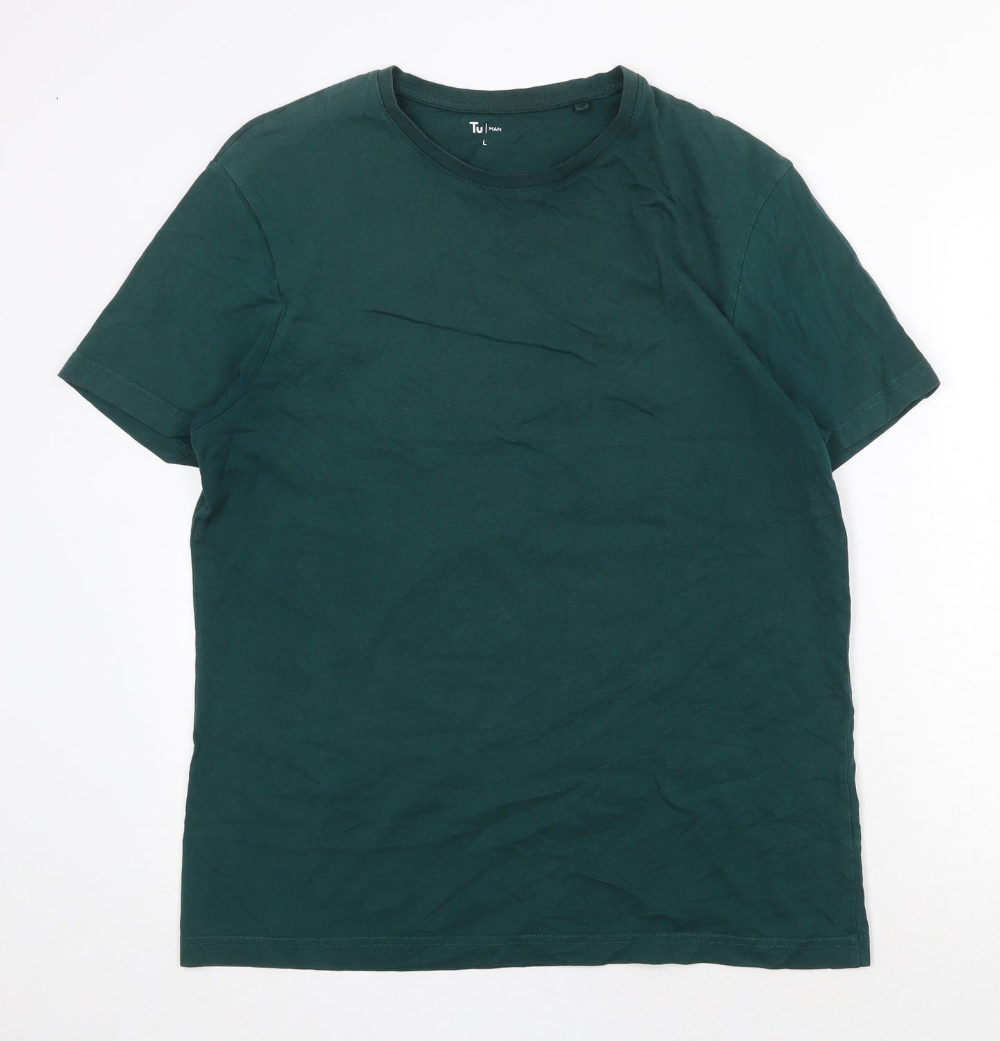 TU Mens Green Cotton T-Shirt Size L Round Neck