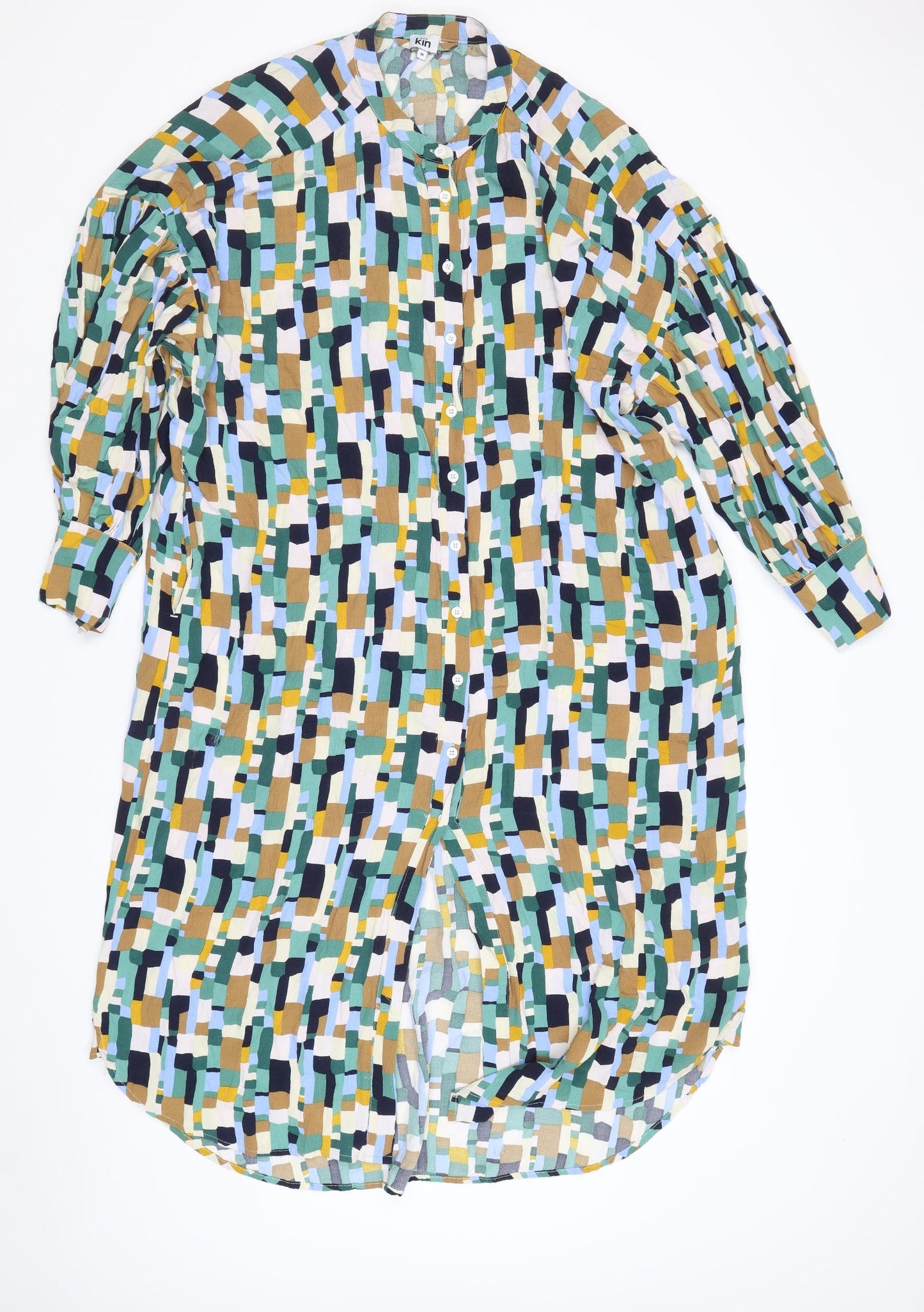 Kin Womens Multicoloured Geometric Viscose Shirt Dress Size M Round Neck Button