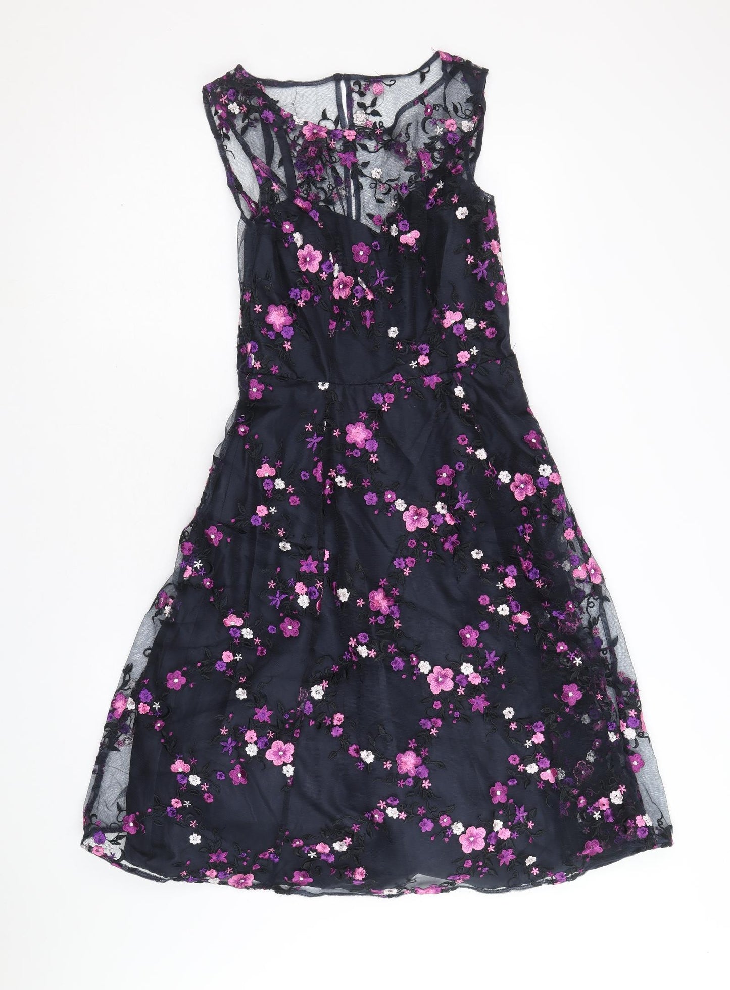 Phase Eight Womens Blue Floral Nylon A-Line Size 8 Scoop Neck Zip