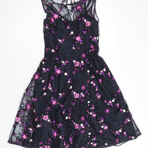 Phase Eight Womens Blue Floral Nylon A-Line Size 8 Scoop Neck Zip