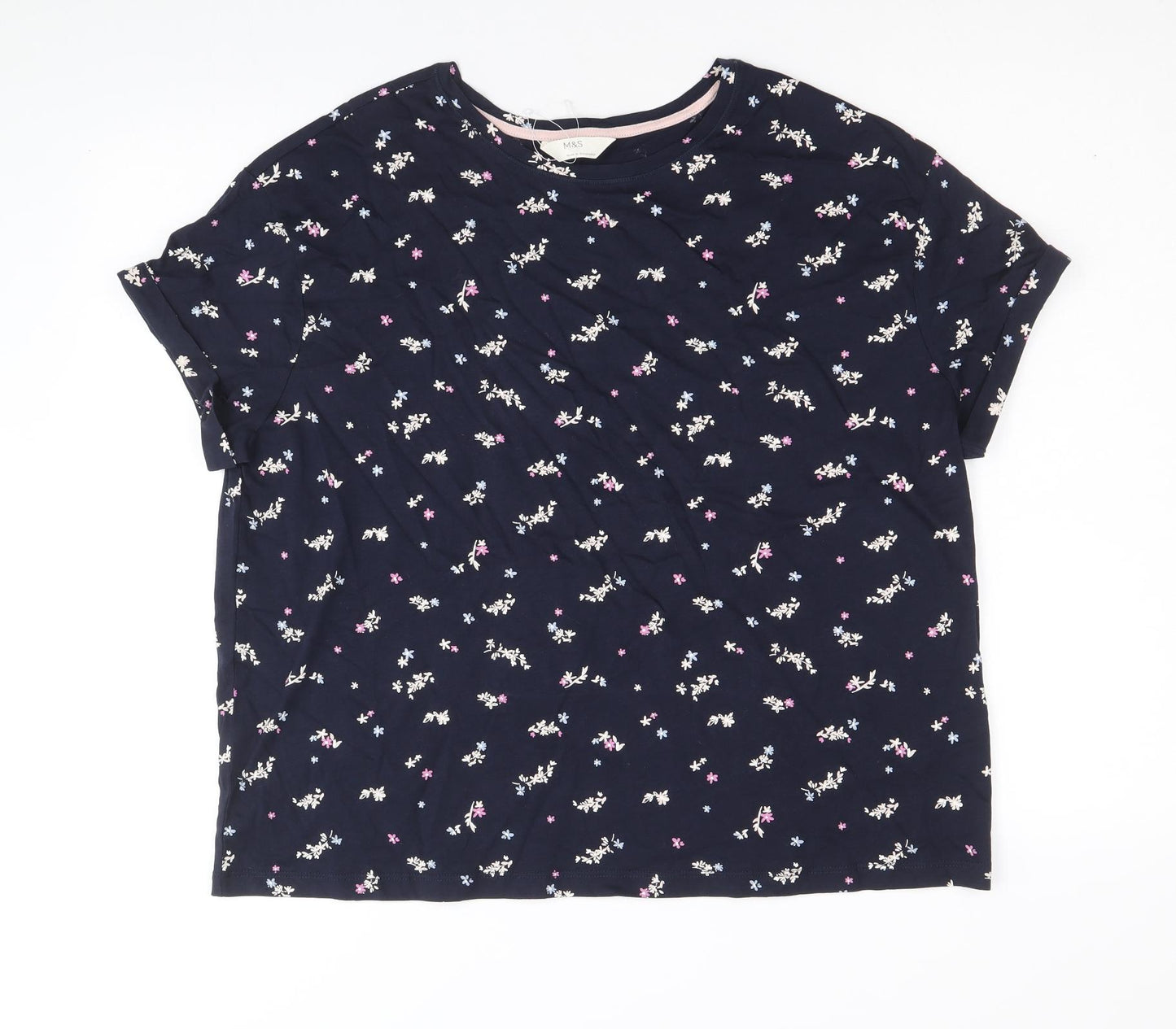 Marks and Spencer Womens Blue Floral 100% Cotton Basic T-Shirt Size L Round Neck