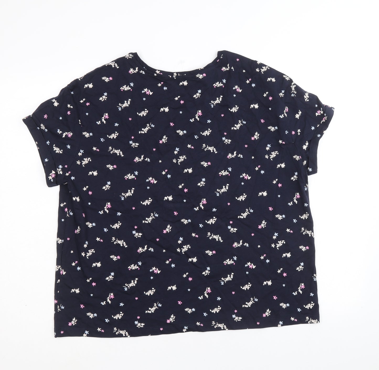 Marks and Spencer Womens Blue Floral 100% Cotton Basic T-Shirt Size L Round Neck