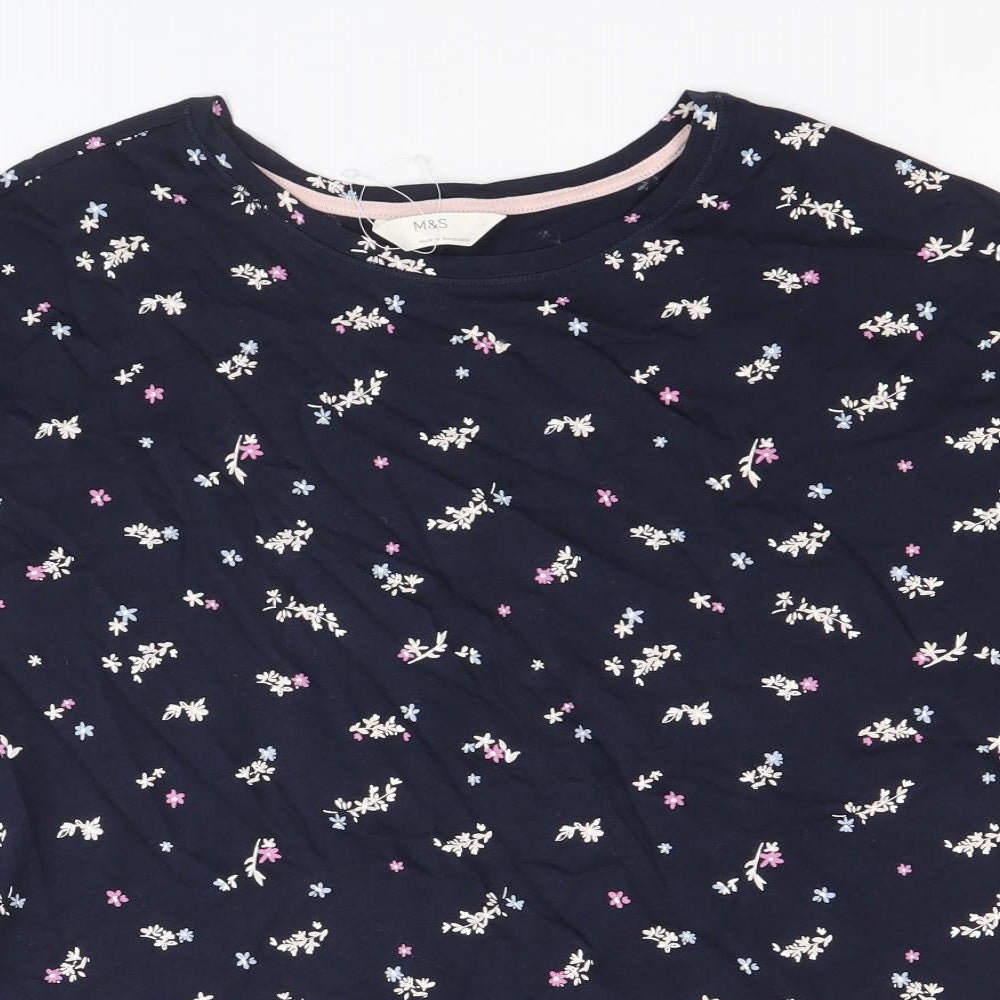 Marks and Spencer Womens Blue Floral 100% Cotton Basic T-Shirt Size L Round Neck